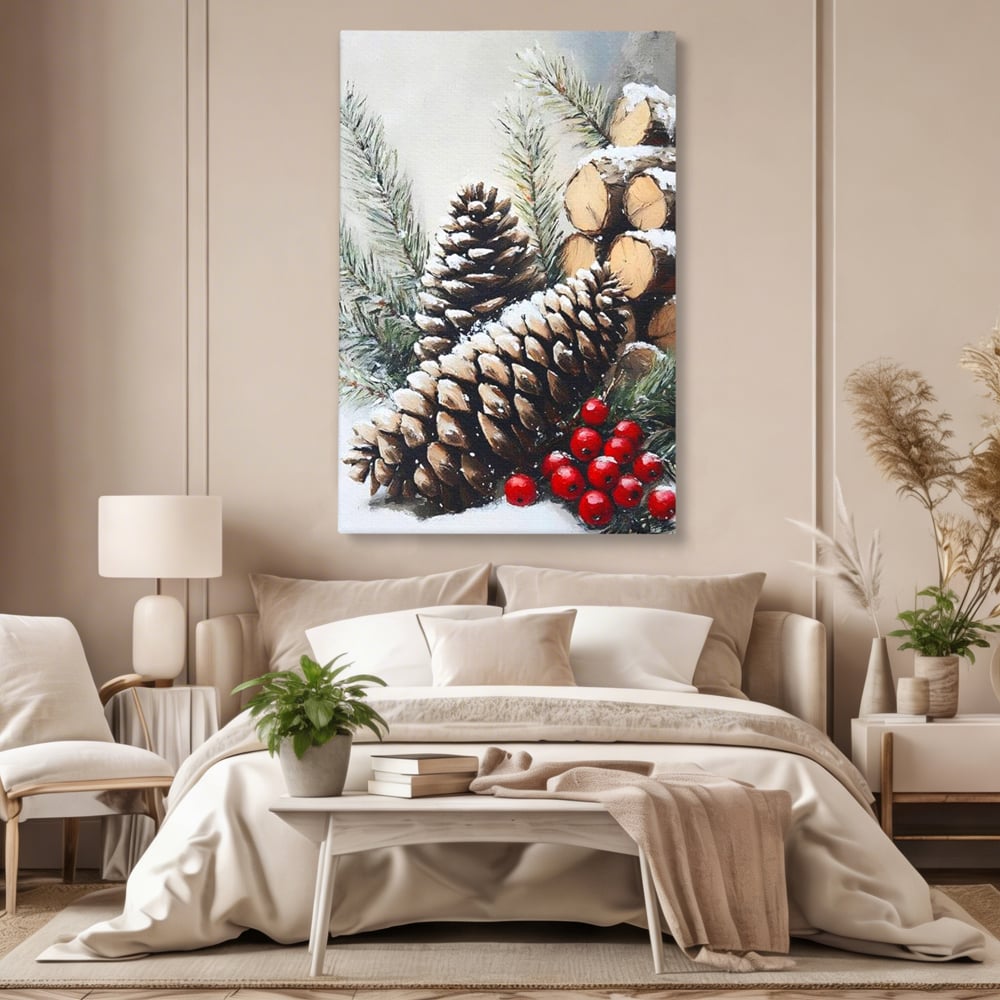 Tablou canvas cu pictura cu conuri de brad si bobite rosii, fara rama, pe sasiu de lemn, pe perete intr-un dormitor